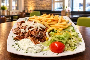 Gyros-Teller mit Pommes, Salat und Zaziki